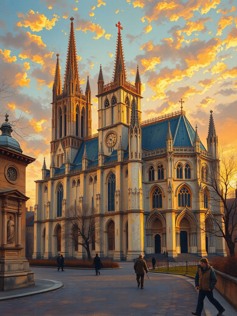 Reims Cathedral Sunset: Gouache Painting with Craquelure