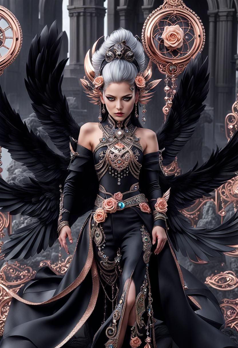 Gothic Neko Woman with Raven and Crystals