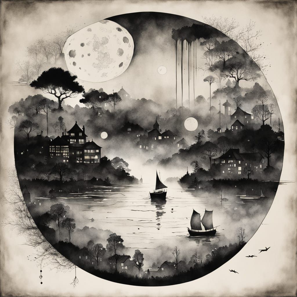 Yin Yang Earth and Moon in Steampunk Cityscape