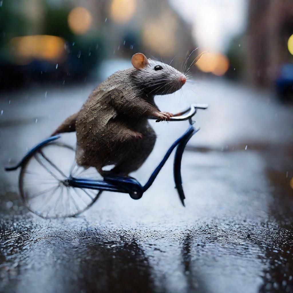 Rat on Bicycle in Rainy Street: Professional Photography