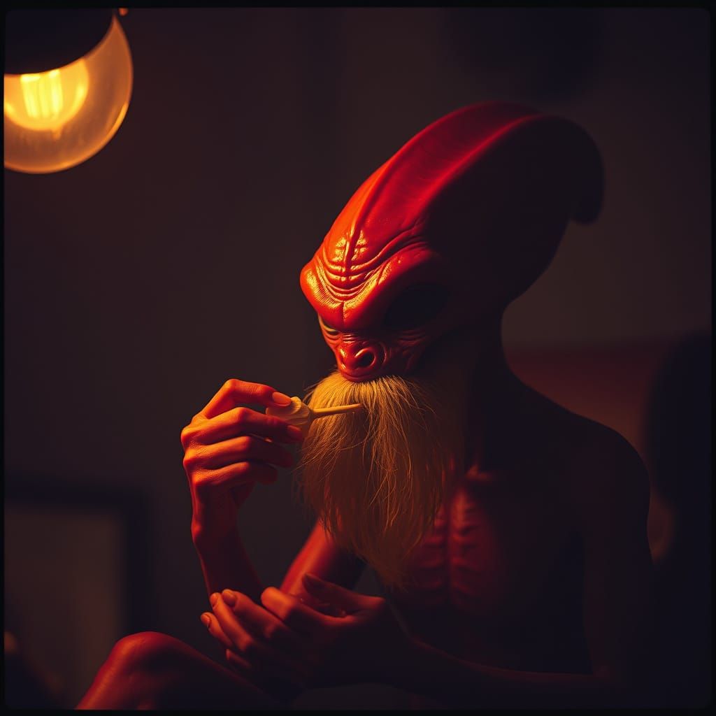 A red bearded alien. The alien is eating the Honeydew