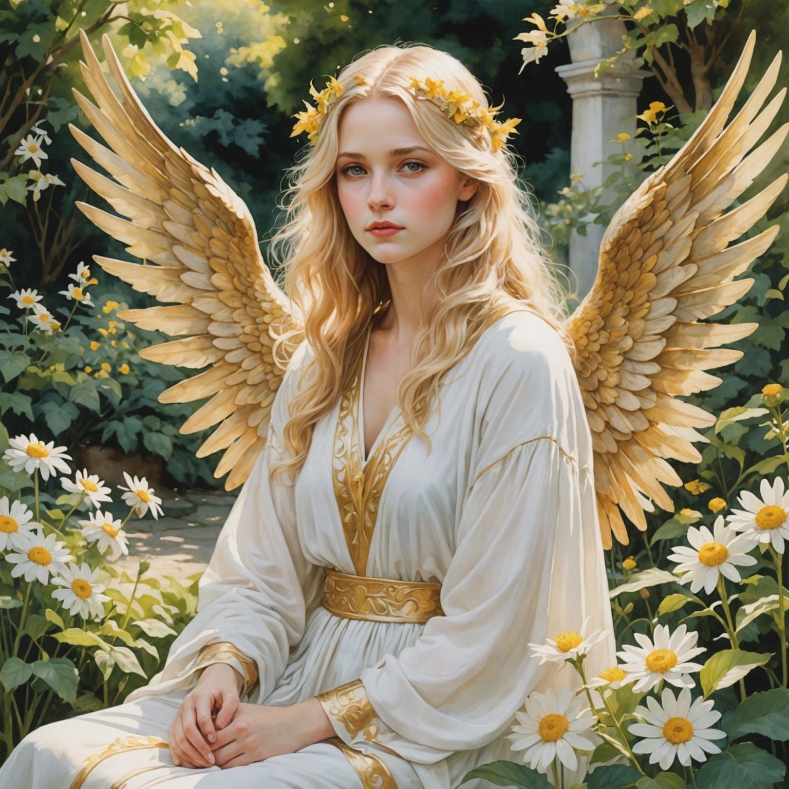 Blonde Angel in Watercolor Garden