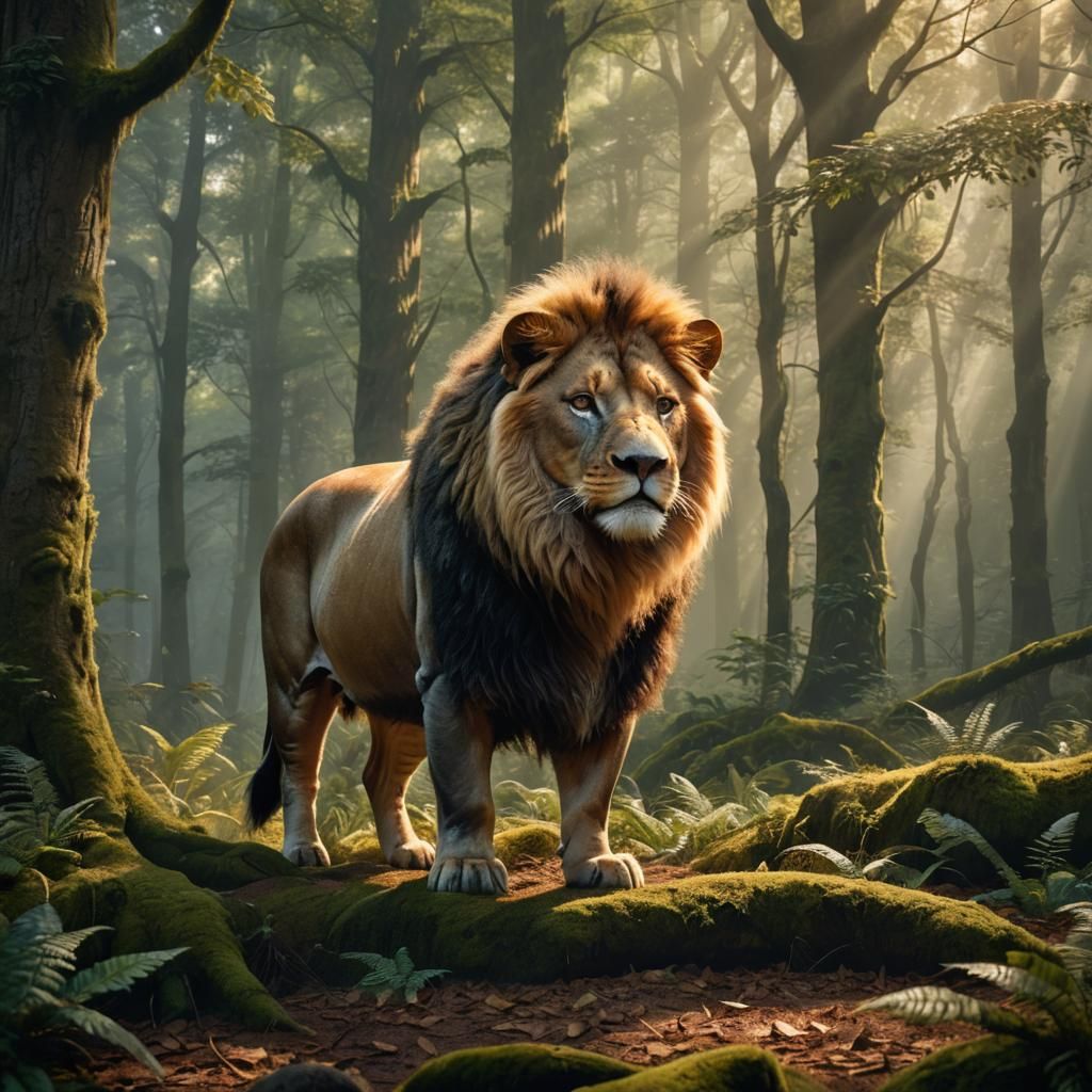 Lion-Pig Hybrid in Forest: Digital Matte Painting