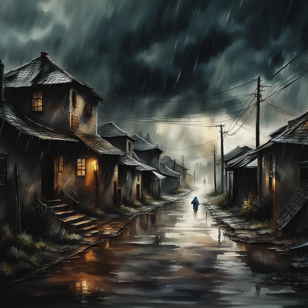 Storm Sweeps Desolate Village: Inkpunk Digital Art