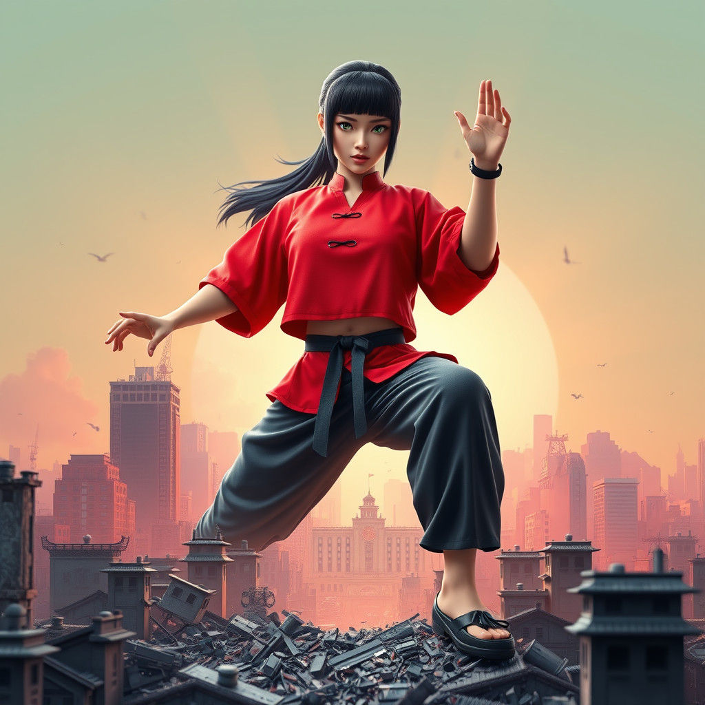 Kung Fu Warrior Rises Above Ruined City in 3D