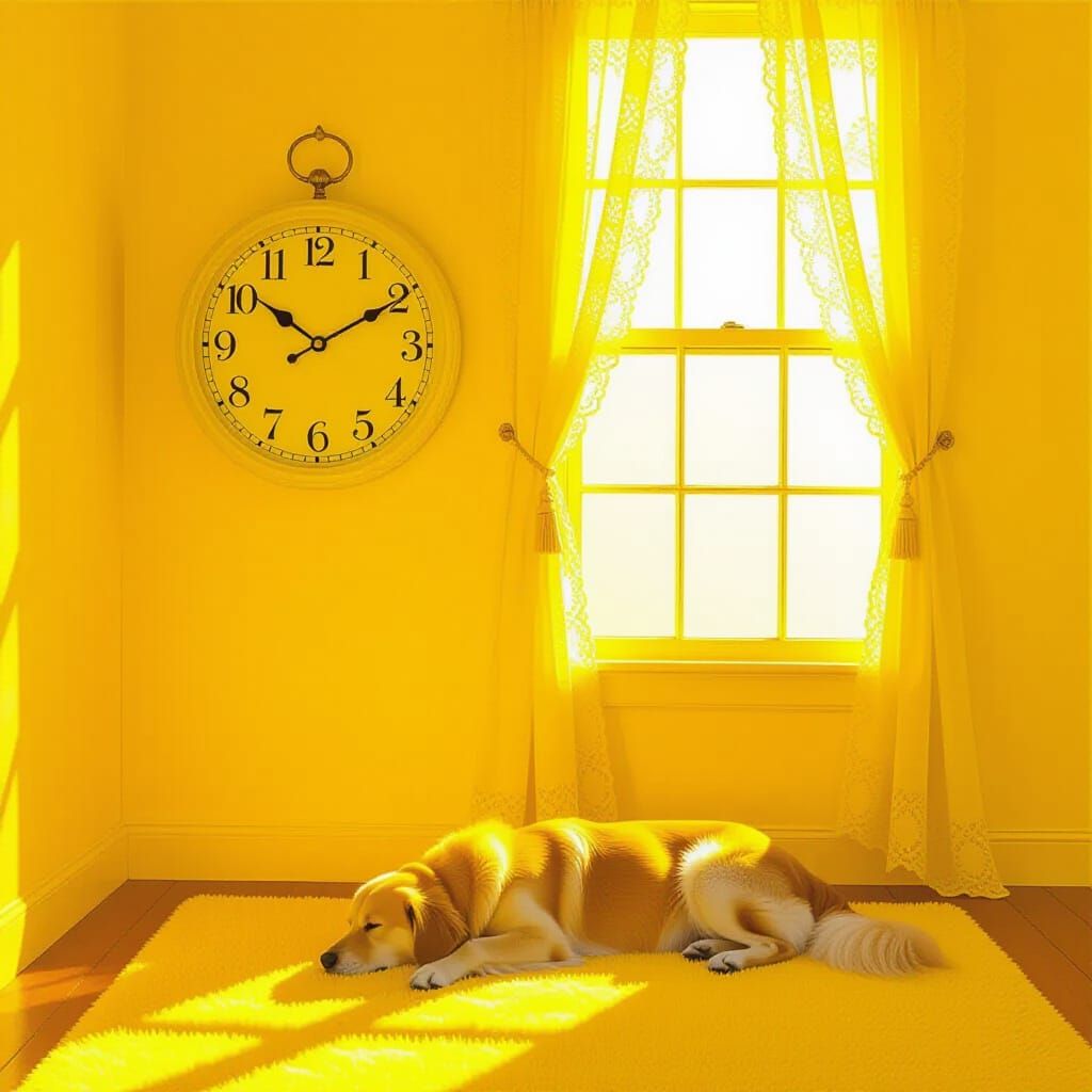 Monochromatic Yellow Room with Clock and Dog