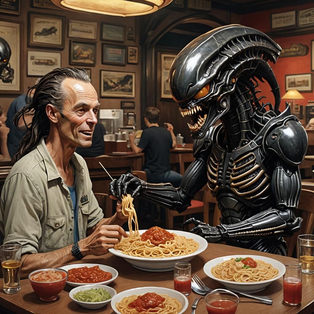 Xenomorph and Predator Share Pasta, 3D Digital Art