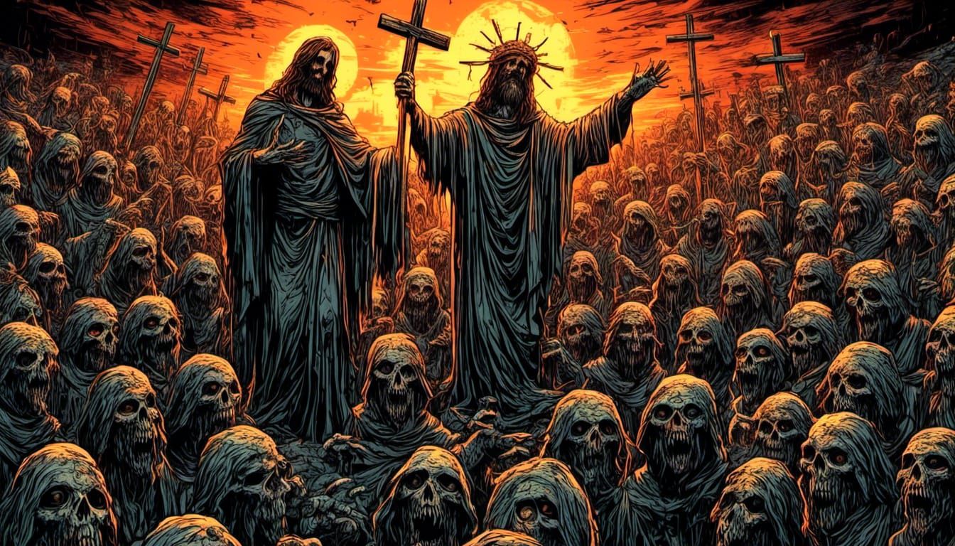 Burning Figure on Cross with Zombie Horde