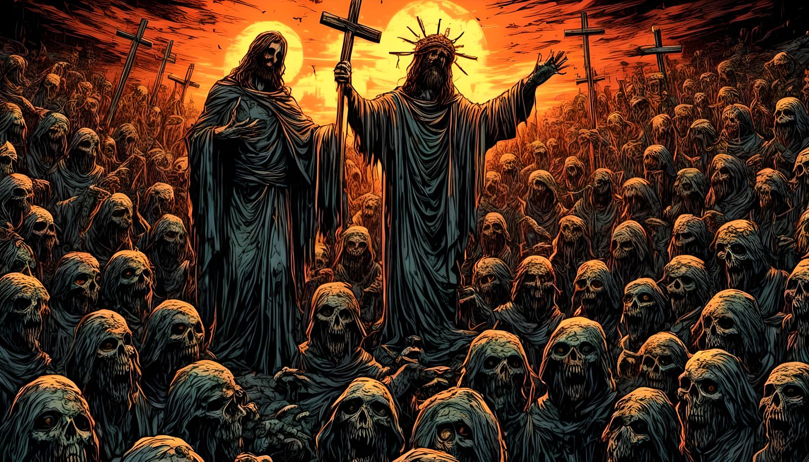 Burning Figure on Cross with Zombie Horde