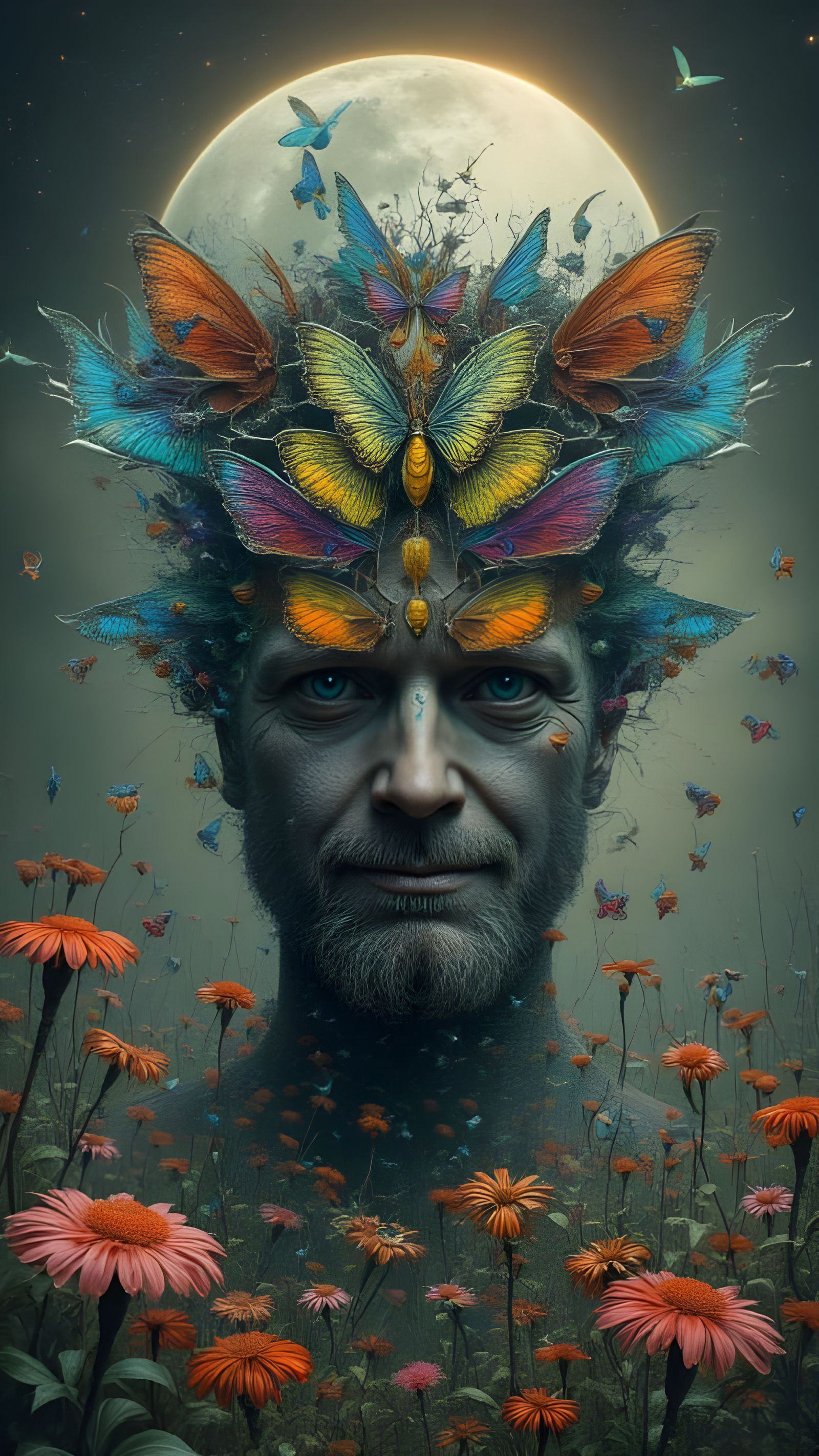 Man with Dragonfly Features and Fractal Wings in Surreal Lan...