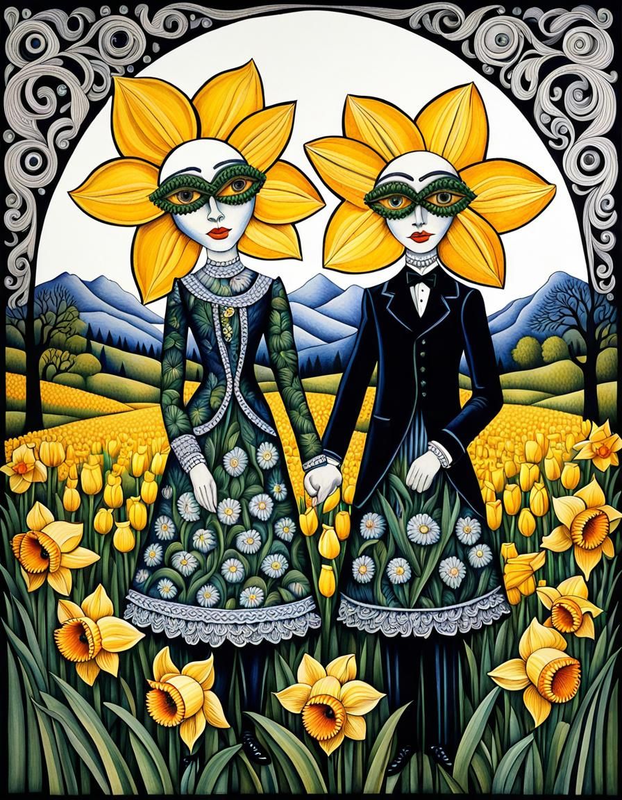 Daffodils as Humans in Art Deco Style