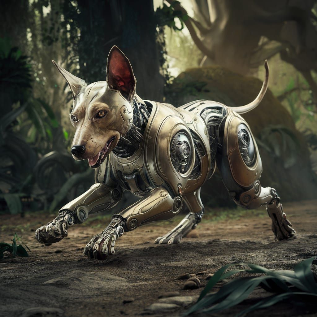 Futuristic Cyborg Dog Playing in Nature
