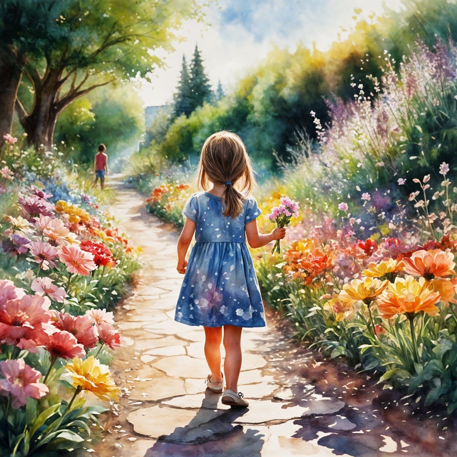 Child Smelling Flowers in Watercolor Style