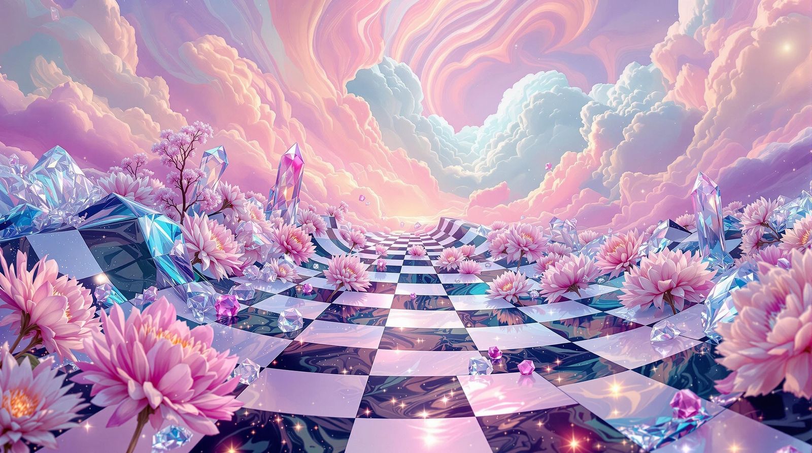 Surreal Gingham Landscape with Liquid Metal and Crystal Shar...