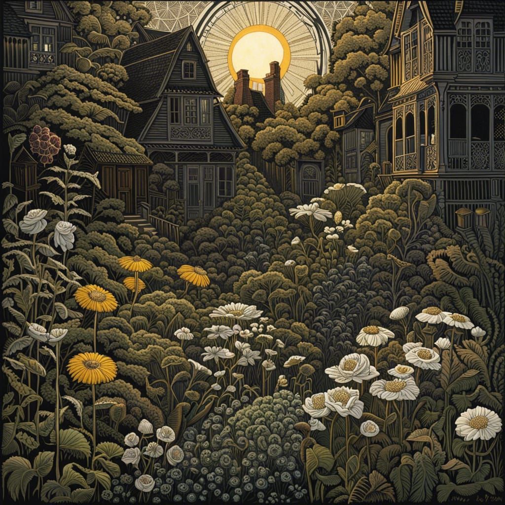 Sunlit Garden Between Dark Houses: Detailed Art