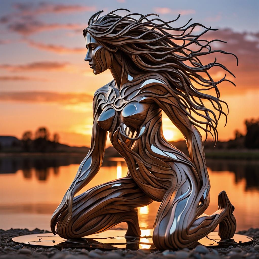 Wood Sculpture: Kneeling Figure at Sunset with Cracked Mirro...