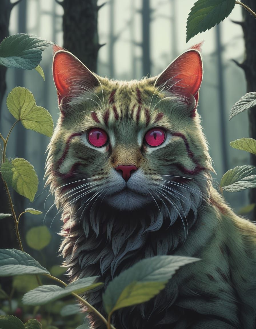 Hyper-Realistic Cat with Raspberry Skin in Vibrant Red