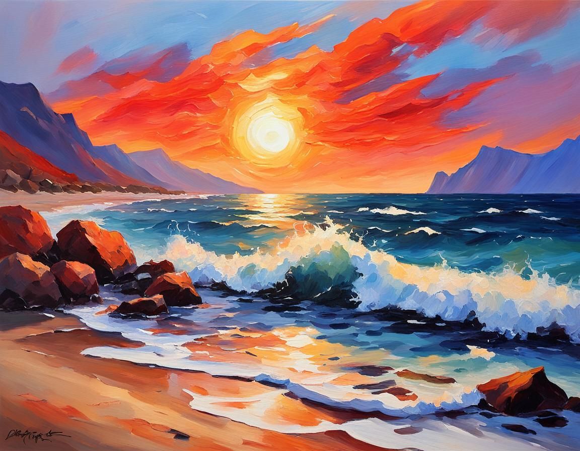 Impressionist Sunset Beach with Crashing Waves