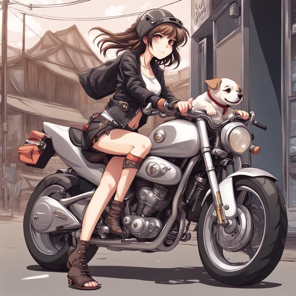 Anime Girl on Motorcycle with Puppy