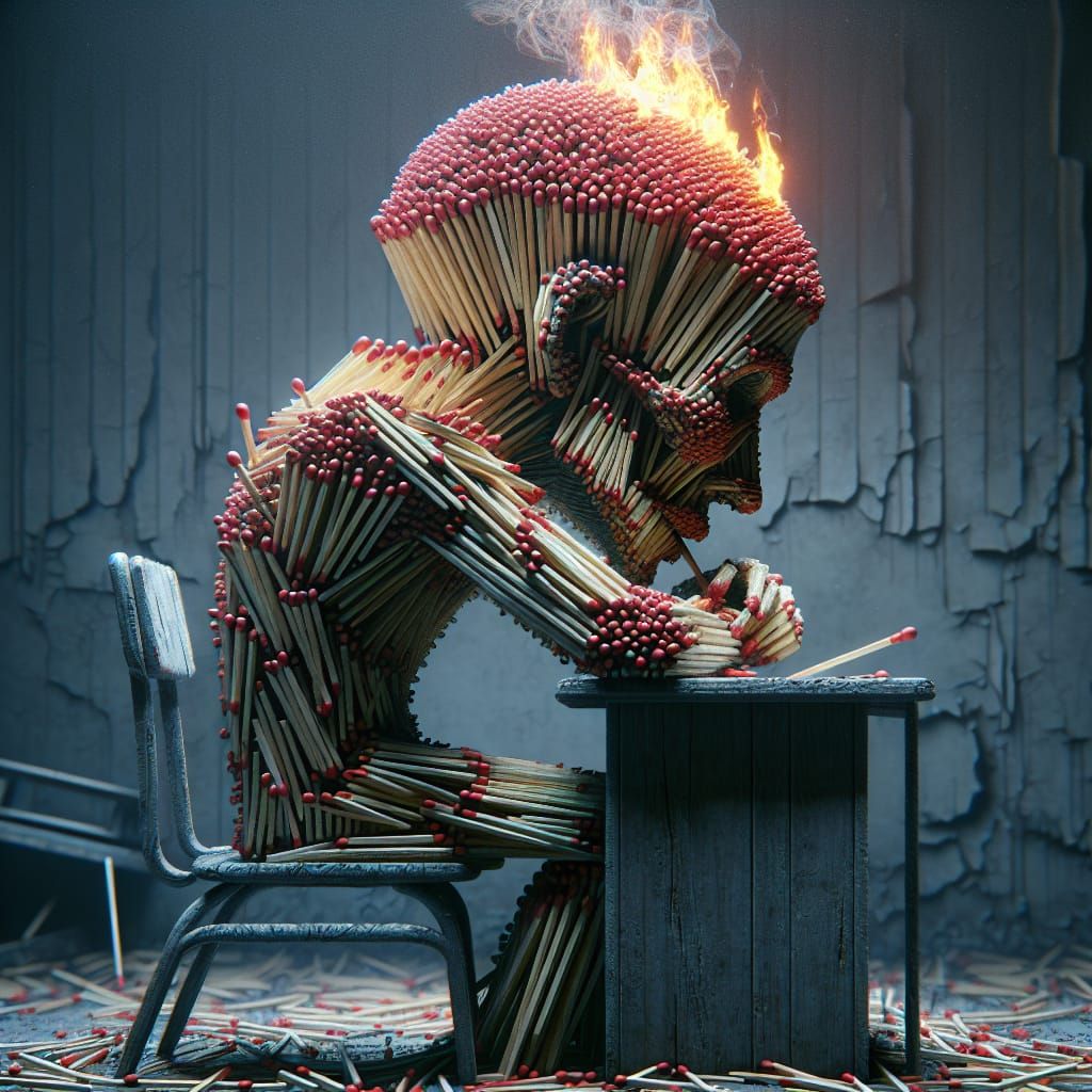 Surreal Matchstick Figure Burns in Decaying Classroom