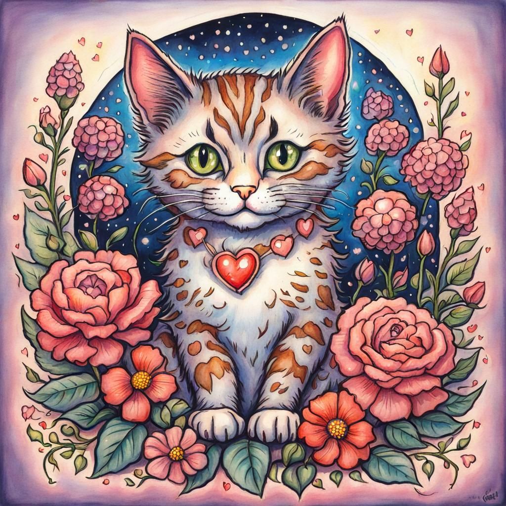 Cute Cat with Flowers, Cartoon Illustration