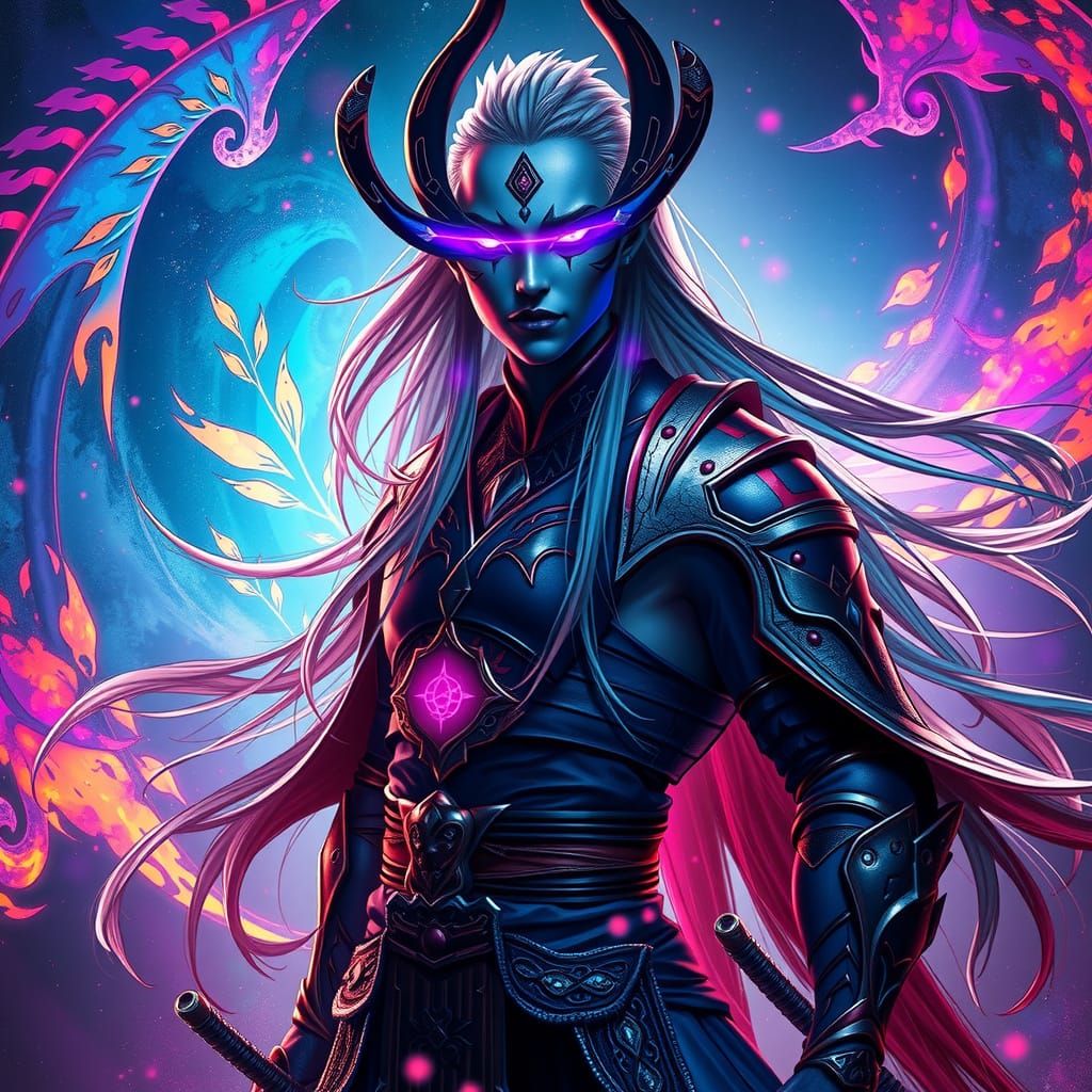 Mystical Drow Elf Samurai in Vibrant Nebula