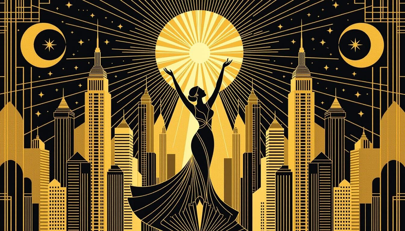 Art Deco Cityscape with Celestial Motifs