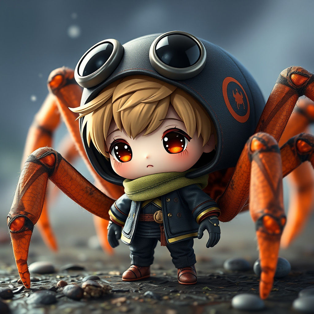 Cute, adorable Chibi dressed as a giant spider