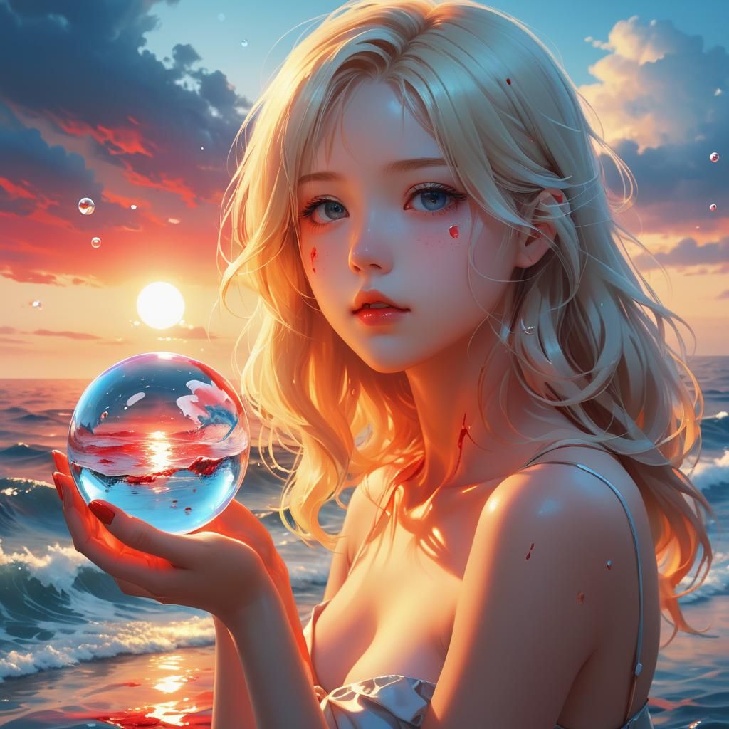 Blonde Woman Reflecting Red Sea: 3D Anime Art