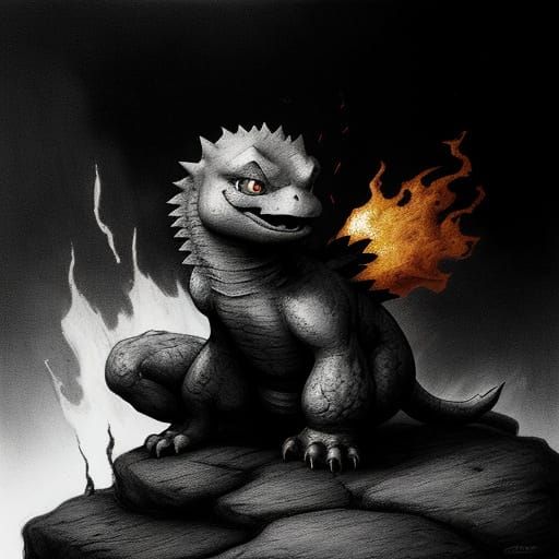Charmander in a Charcoal Drawing with Vibrant Flames