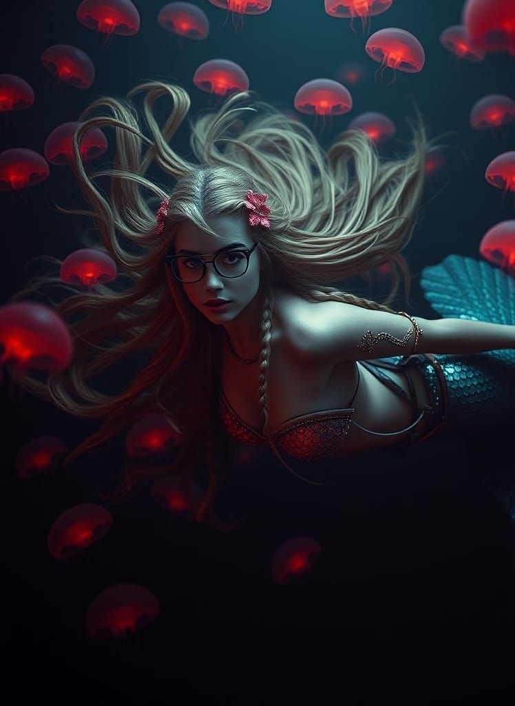 Underwater Mermaid with Glowing Jellyfish in Cinematic Style