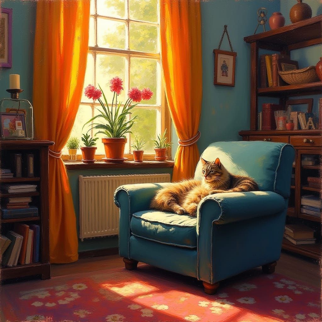 Cozy Living Room with Cat in Expressionist Style