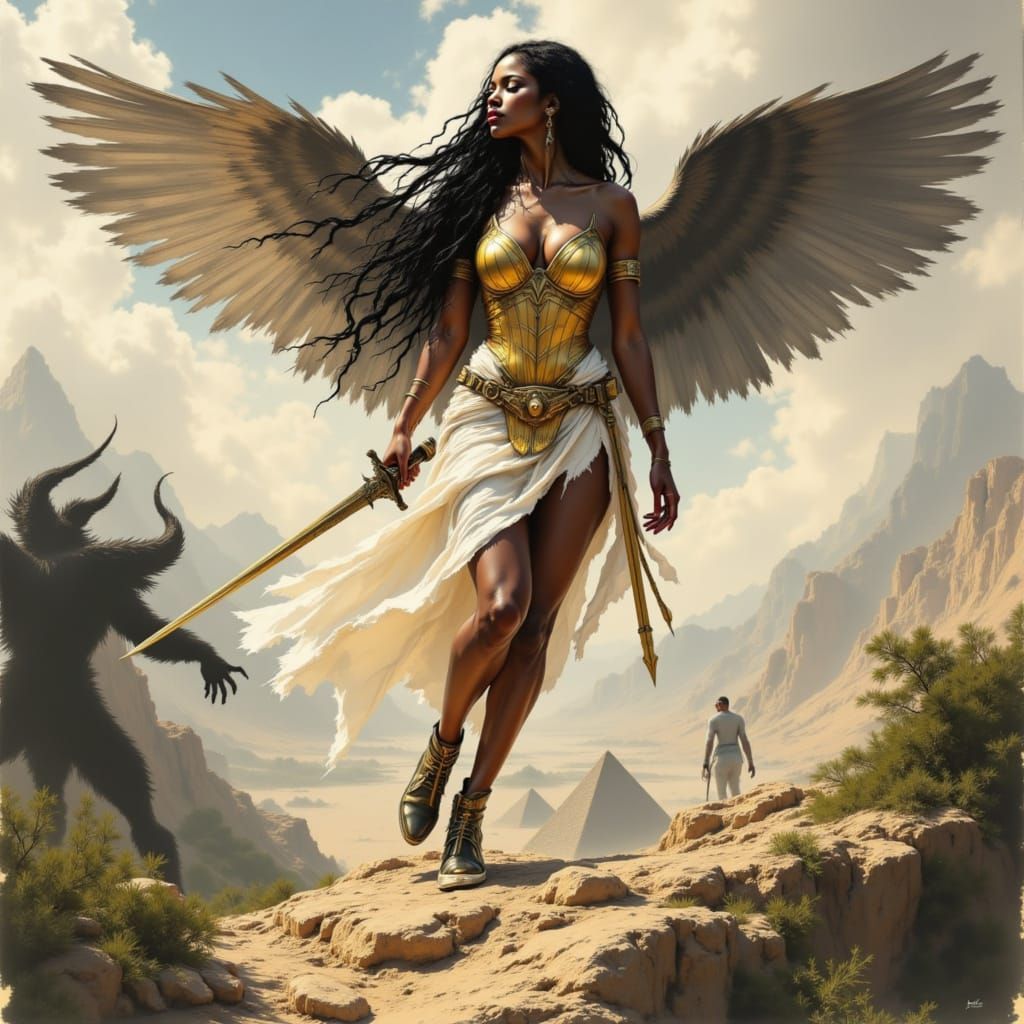 Winged Black Goddess in Gold Armor Overlooking Nile