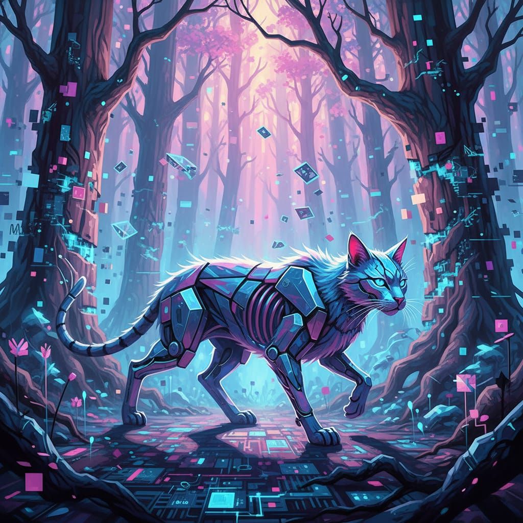 Fractal Cat in a Cybernetic Forest, Digital Art