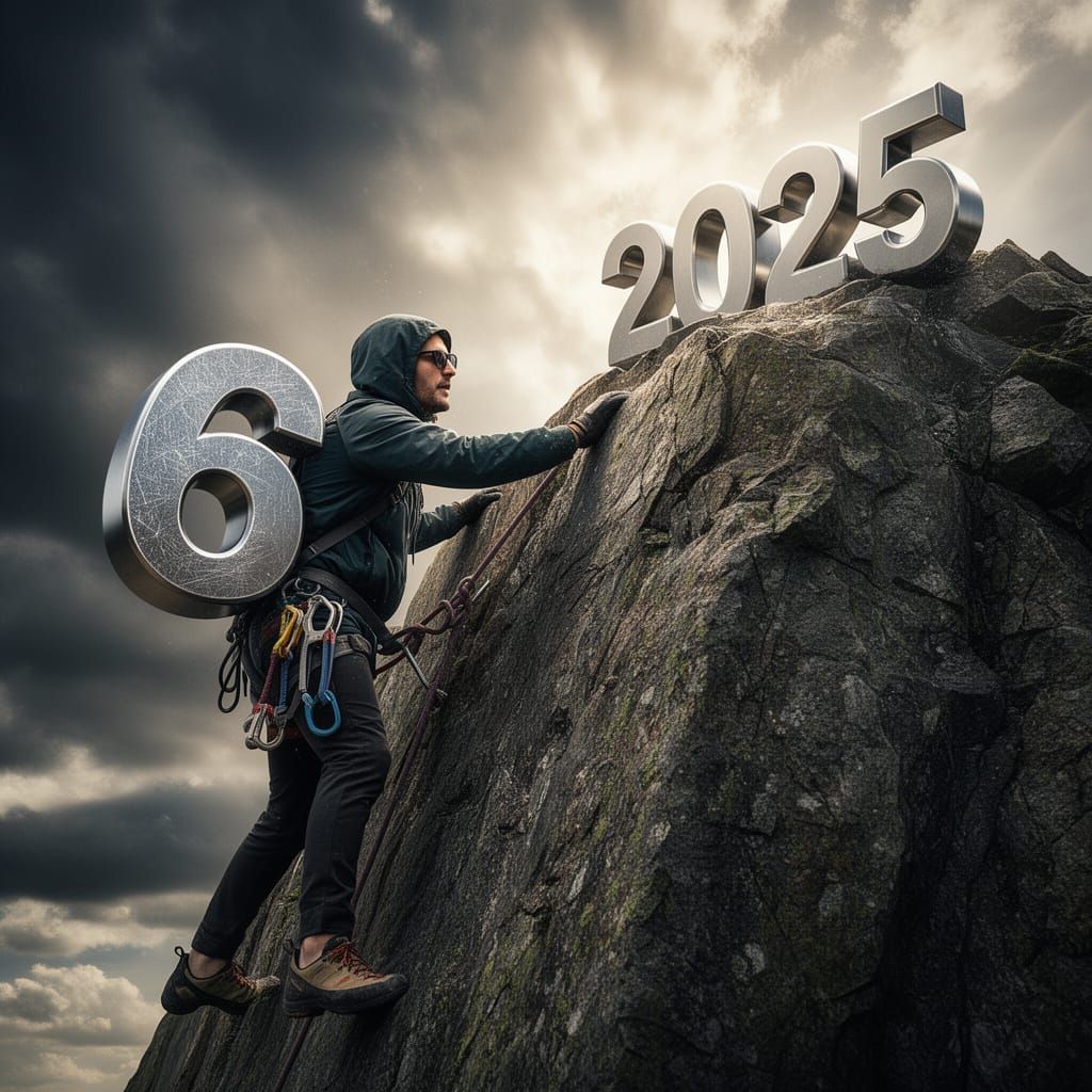 Climber Scales Cliff with Number 6 Towards 2025 Summit