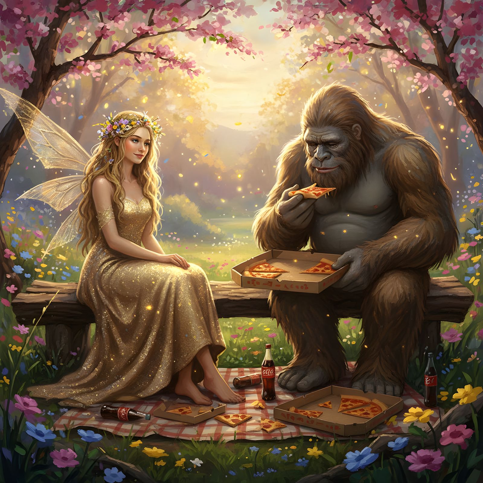 Fantasy Fairy Woman and Sasquatch at Pizza Night