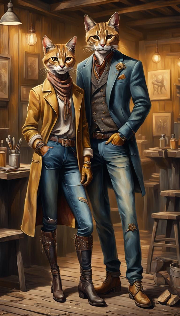 Tabaxi Couple in Gouache Style Country Fashion