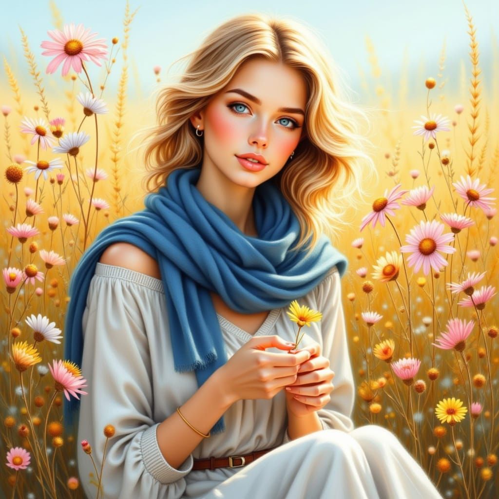 Lady in Wildflower Field with Blue Scarf