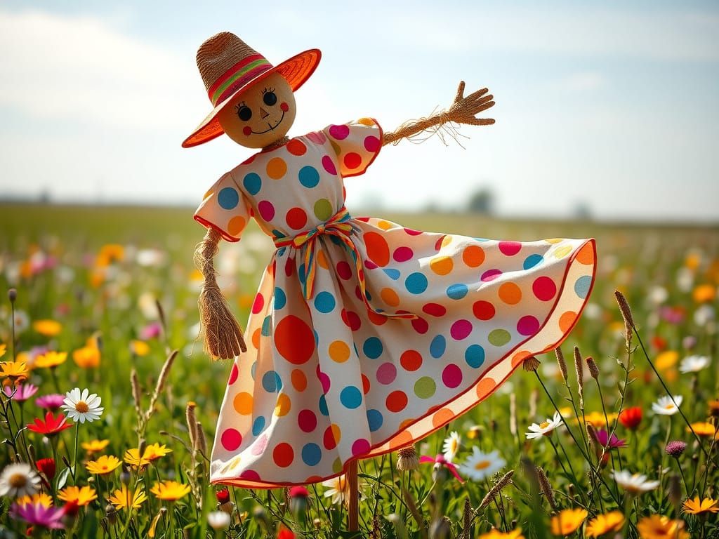Polka Dot Scarecrow Dances in Wildflower Meadow