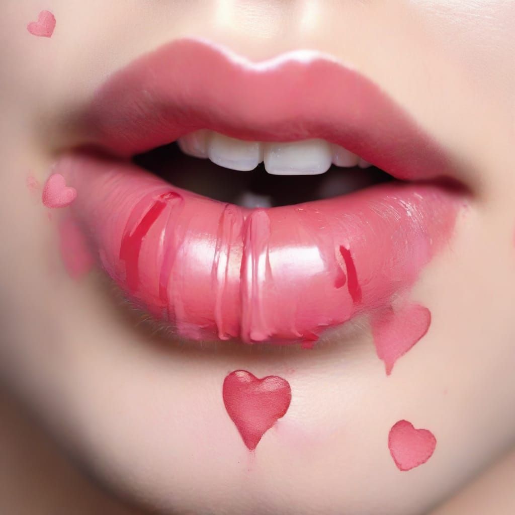 Pastel Lipstick Kiss with Hearts: Hand-Painted Style