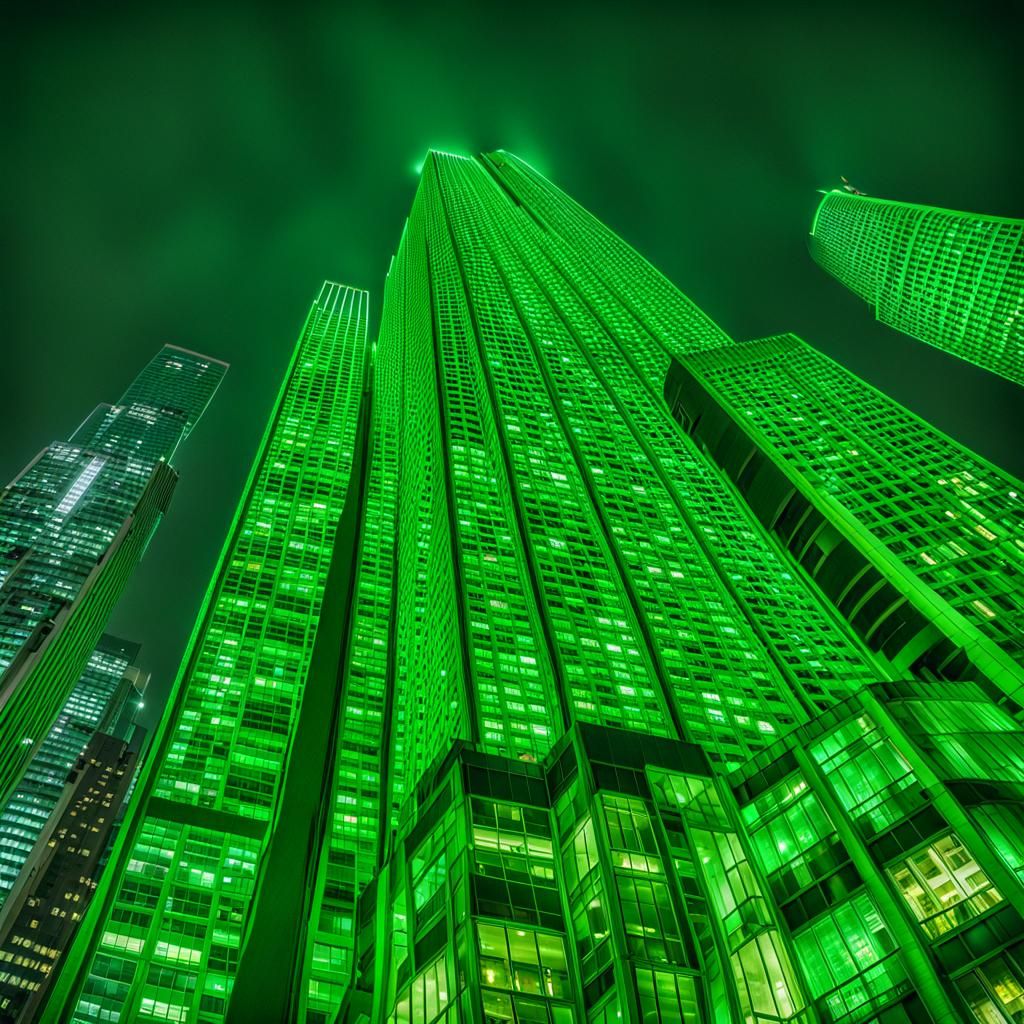 Green Skyscrapers at Night: A Sci-Fi View
