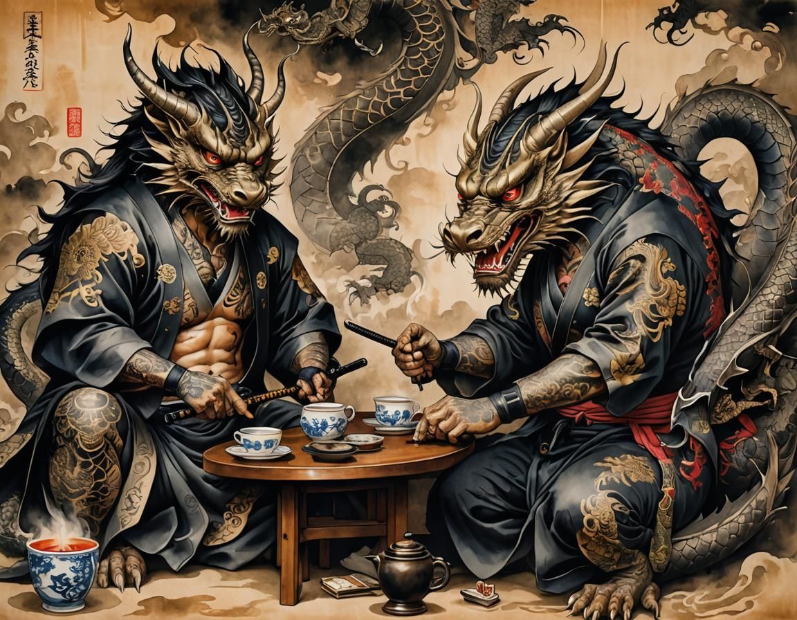 Yakuza Assassin with Dragon Tattoos in Watercolor