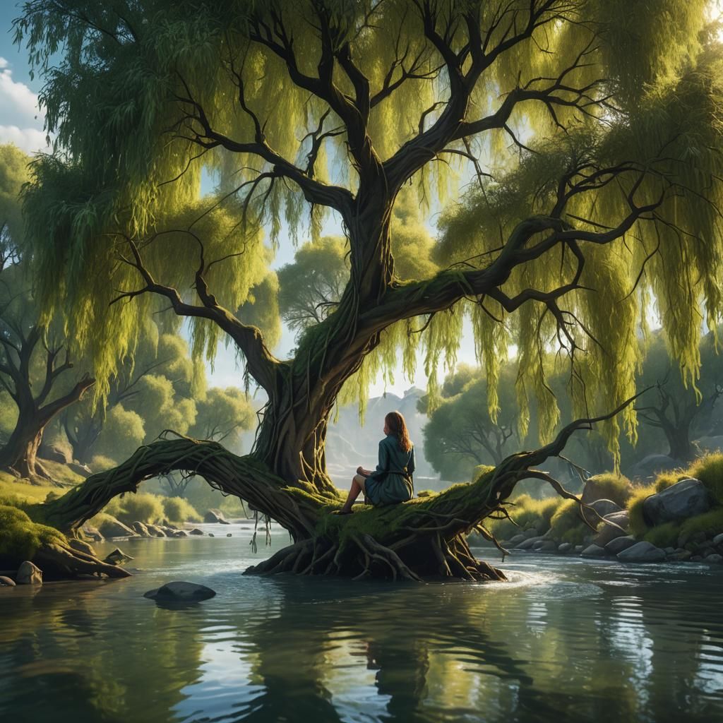 Girl by River Under Willow Tree: Fantasy Art
