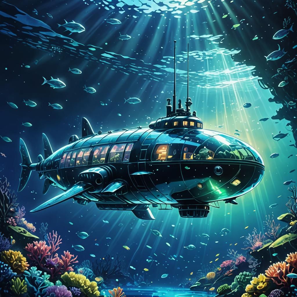 Glowing Submarine and Manta Rays in Anime Style