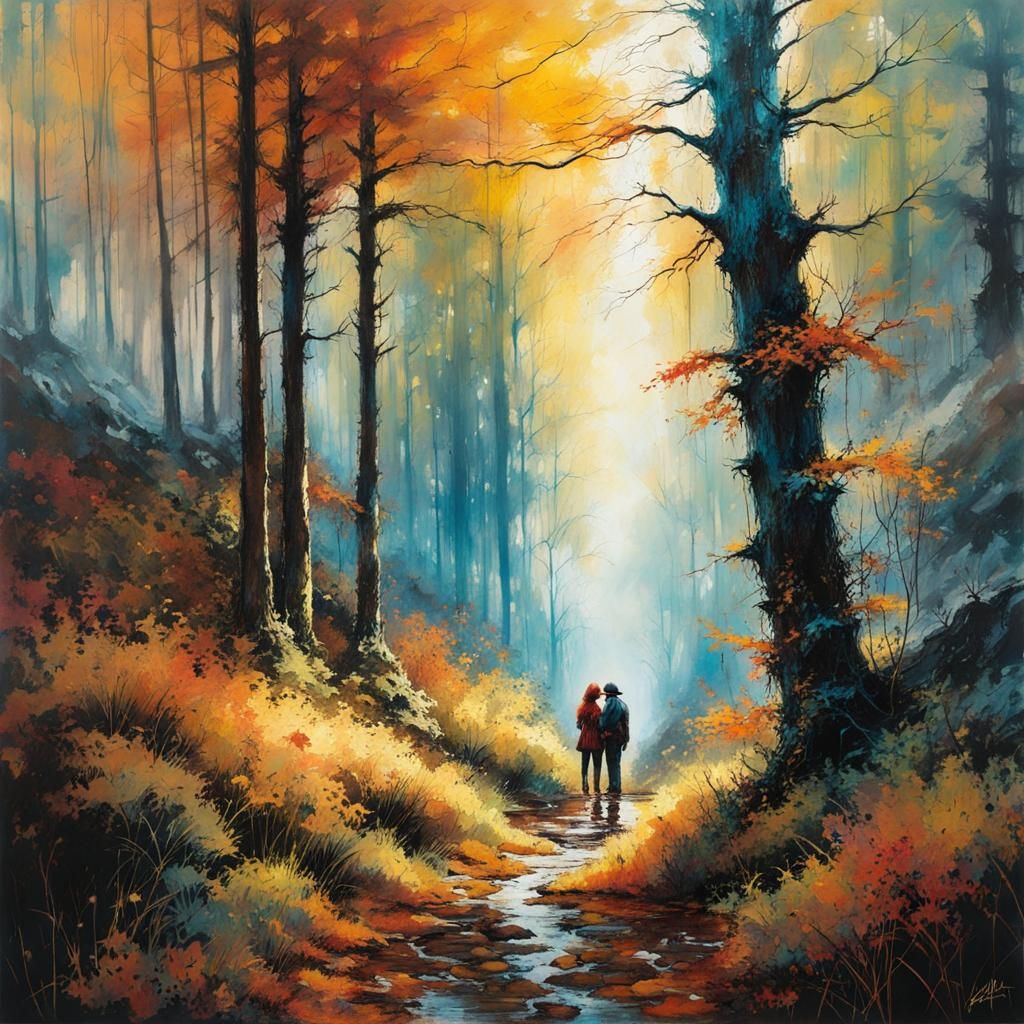 Autumn Forest Landscape Ink Drawing with Soft Lighting