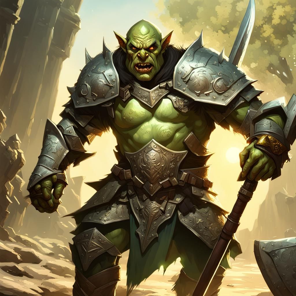 Half-Orc Warrior in Mithral Armor, Dark Fantasy Art