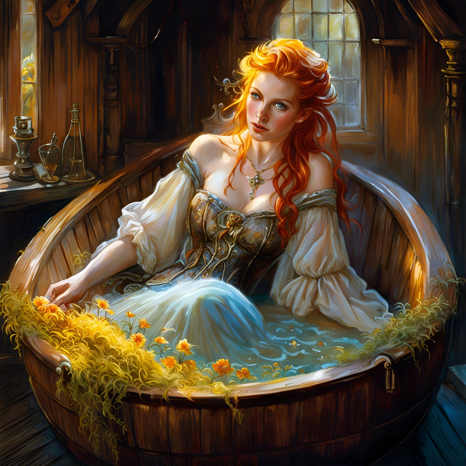 Ginger Woman Relaxing in Wooden Bath as Digital Art