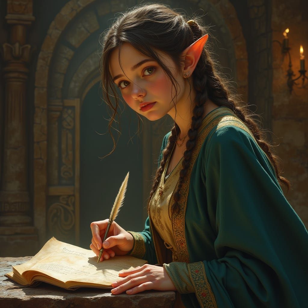 Half-Elf Scribe Portrait in Fantasy Style