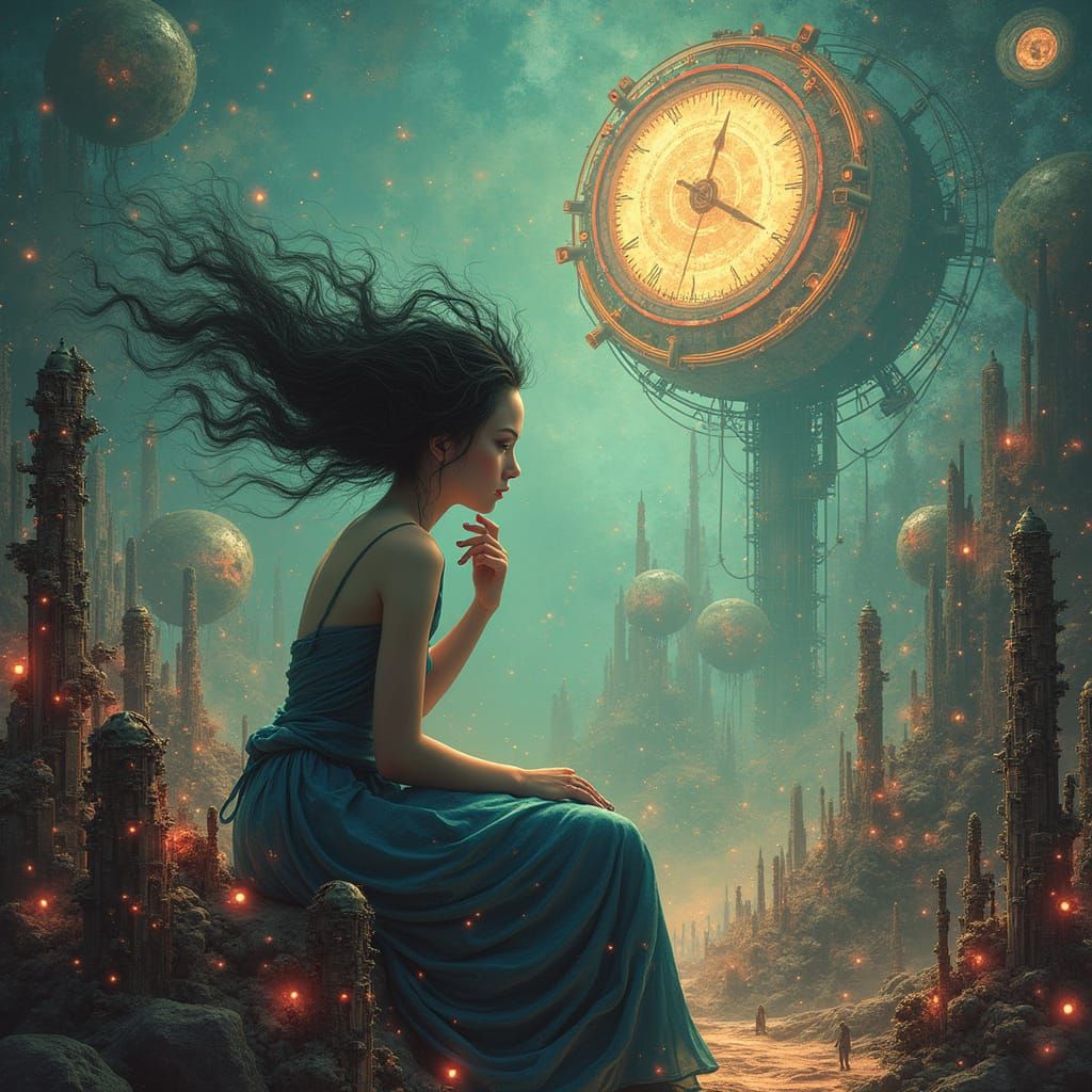 Woman in Thought Amidst Clockwork Dreamscape