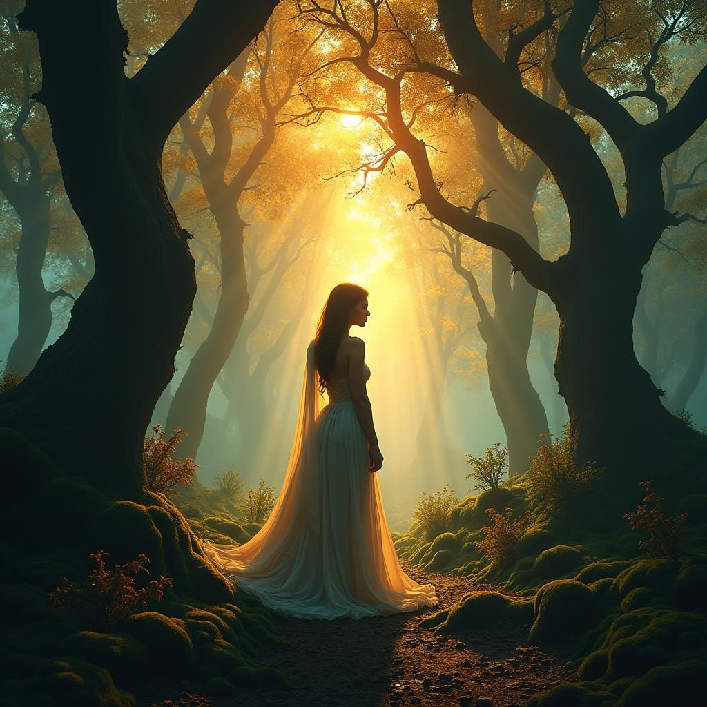 Woman in Iridescent Forest at Sunset: Fantasy Art